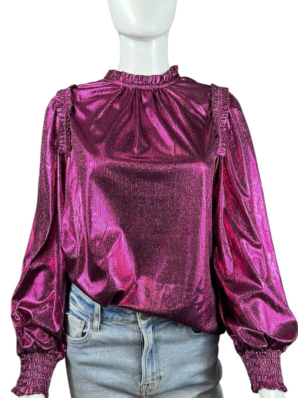 SSYS The Label Metallic Magenta Ruffle Mock Neck Blouse Top Small Pink Shimmer